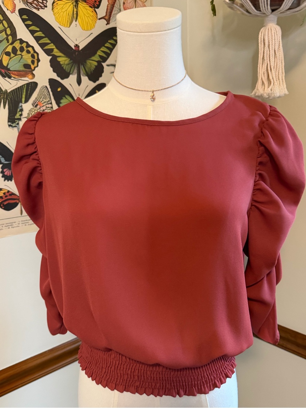 Paper Crane Puff-Sleeve Blouson Top in Rusty Orange